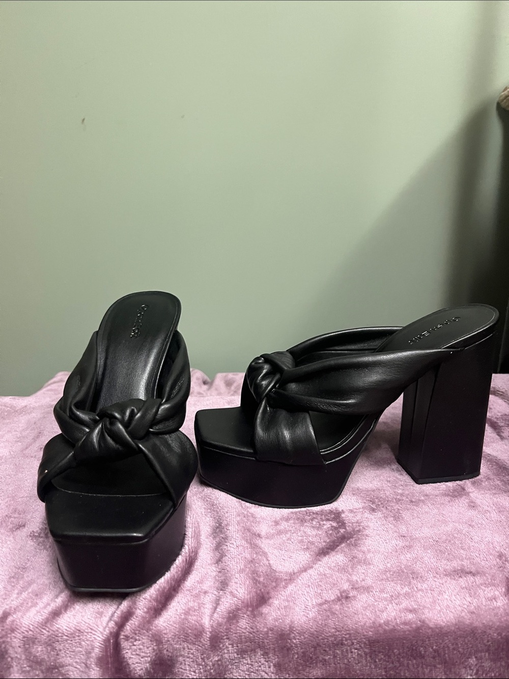 Black Knotted Platform Mule Heels - Women's Slip-On Block Platforms